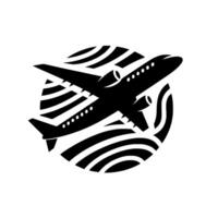 Silhouette of a jet airplane, with details of windows and engines, flying within a black and white striped circle, minimalistic . vector
