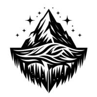 Monochrome TattooStyle Illustration of Mountain Range Above a Wavy Line and Spiked Border, Surrounded by Stars. vector