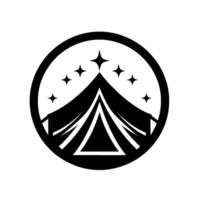 Black and White Camping Emblem A tent silhouette within a circle, stars above, creating a minimalist camping . vector