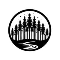 Black and White Circular Forest Scene, Showcasing a Silhouetted Pine Tree Grove, Reflecting in a Serpentine River, Emphasizing Natures Simplicity. vector