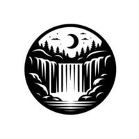 Monochrome Cascade A Circular Silhouette of a Waterfall, Forest, and Crescent Moon under a Starry Night. vector