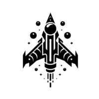 Black and White Illustration of a Geometric Spaceship with Stylized Wings, Bubbles, and Stars. vector