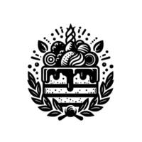 Black White Illustration of a Festive Layered Cake Adorned with Decorative Elements and Laurel Wreath. vector