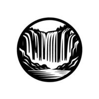 A monochrome, circular emblem showcases a majestic waterfall cascading from a mountain range over a serene lake, stylized with clean lines. vector
