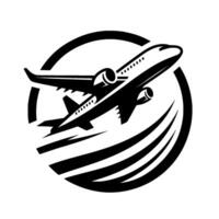 A Black and White Illustration of a Commercial Airplane Soaring within a Circular Frame with Speed Lines. vector
