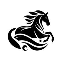 A stylized black silhouette of a rearing horse with flowing mane and tail, evoking elegance and power on a white backdrop. vector