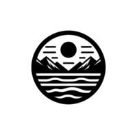 Monochrome circular minimalist featuring stylized mountains, sun, and water with wave patterns, set within a frame. vector