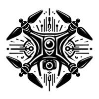 Symmetrical Black and White Minimalist Illustration of a Drone with Detailed Propellers, Cameras, and Geometric Details on White Background. vector