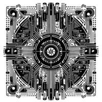 Symmetrical Circuit Board with Central Aperture Black and White Digital Illustration of Modern Technology. vector