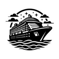 Stylized monochrome cruise ship with wave crests, clouds, stars, and a subtle rainbow arc on a pristine white backdrop. vector