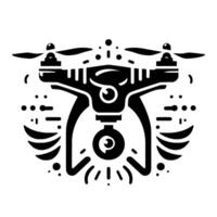 Minimalist Black and White Drone with Stylized Propellers, Camera Lens, and Flight Paths, on a White Background. vector