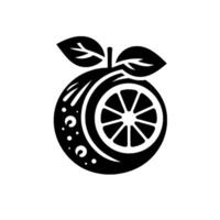 Artistic Monochrome Illustration of a stylized Orange, featuring a Wheellike Slice , Enhanced with Leaves and Ornaments. vector