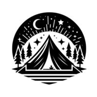 Camping Scene Under Crescent Moon and Stars, Featuring Tent, Trees, and Bonfire, Circular Composition. vector