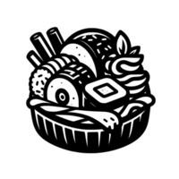 A stylized black and white illustration of assorted sushi, rolls, and other Japanese cuisine items arranged in a decorative bowl, evoking a minimalist . vector