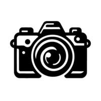 Bold Black and White Illustration of a Classic DSLR Camera with Swirling Lens, on a Plain White Background. vector
