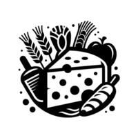 Black and White Illustration of a Cheese Wedge with Surrounding Agricultural Produce Including Wheat, Vegetables, and Scattered Dots. vector