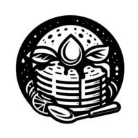Black and white minimalist circular featuring a stack of pancakes with syrup, a leaf, citrus and spoon. vector
