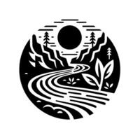 Stylized Black and White Landscape Winding River Flows Through Mountains, Sun Overhead in a Circular , Emphasizing Natures Beauty. vector