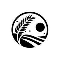 Stylized black and white circular emblem featuring wheat, a sunmoon, fields, and dots, evoking nature, farming, and balance. vector