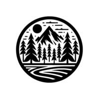 Silhouette of a Mountainous Forest Landscape within a Circular Frame, featuring Trees, Sun, and a Winding Trail. vector