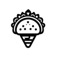 A bold, symmetrical black and white minimalist illustration of a taco designed like an ice cream cone, playful and appealing. vector