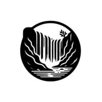 A minimalist, circular black and white illustration showcasing a serene waterfall cascading down a rocky cliff into a calm river, with a small tree. vector