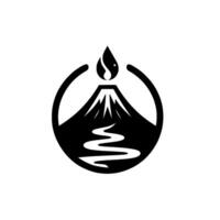 Symbolic Black and White Featuring a Volcano with a stylized eruptionflame shape and a river, encased within a circle. vector