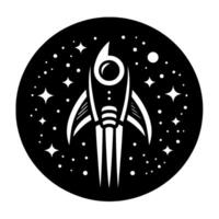 Black and White Rocketship in a Starry Sky within a Circular Frame, Featuring a Retro, Minimalist Style. vector