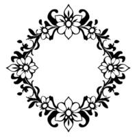 ornamental black floral frame, featuring symmetrical arrangement of flowers, leaves, and elegant swirls against white backdrop, creating decorative border. vector