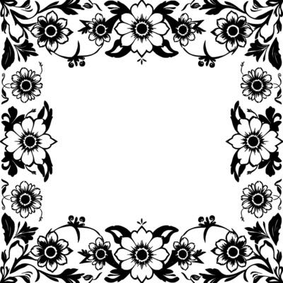 ornate black and white floral frame decorative border, elegant , symmetrical pattern on white background.