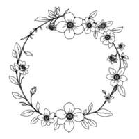 intricate handdrawn floral wreath with varied bloom sizes and leaf detailing, isolated on white. vector