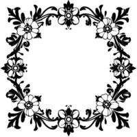 elegant black white floral frame a symmetrical featuring stylized flowers, leaves and vines, creating a classic ornamental border with a blank center. vector