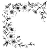 elegant corner floral detailed ink outline of various flowers, leaves, and branches with delicate composition on white. vector
