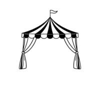 monochrome circus tent with black and white striped roof, draped curtains, and a small flag on top against a white background. vector