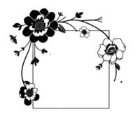elegant black and white floral frame with blooming flowers, branches, and empty space for text. vector
