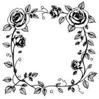 an elegant black and white floral frame featuring roses and leaves, perfect for invitations, borders, and decorative elements. vector