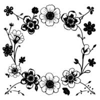 a symmetrical floral wreath illustration in black and white featuring a variety of stylized flowers, leaves, and branches arranged in a decorative circular pattern. vector