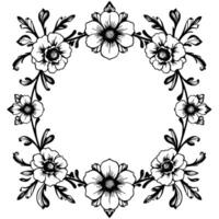 intricate black and white floral wreath, decorative circular frame, elegant botanical on white background. vector