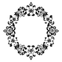 intricate black and white floral wreath a symmetrical, ornate with detailed flower illustrations, forming a circular frame against a clean white background. vector