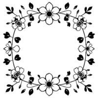 an elegant, symmetrical monochrome floral wreath featuring various flower types, leaves, and delicate stems with an open central space. vector