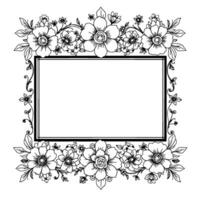 elegant floral frame with a centered rectangular border, filled with detailed black and white botanical illustrations for decorative use. vector