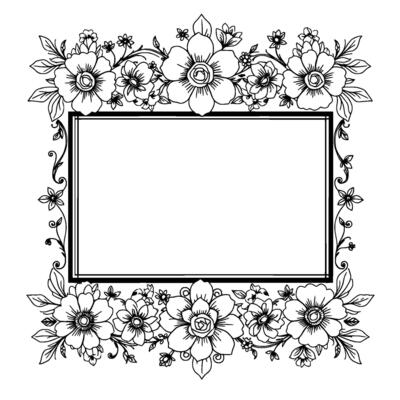 elegant floral frame with a centered rectangular border, filled with detailed black and white botanical illustrations for decorative use.