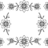 intricate monochrome floral pattern symmetrical frame of detailed flower and leaf border on white, botanical . vector