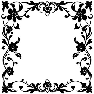 black floral border intricate symmetrical composition of stylized flowers, leaves, and vines, framing a white space, perfect for invitations or backgrounds.
