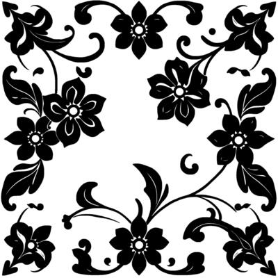 ornate black floral pattern on white background, featuring symmetrical arrangement of flowers, leaves, and vines.