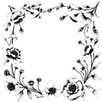 intricate black and white floral frame detailed pen ink drawing of various blooms and budding branches on a blank background. vector
