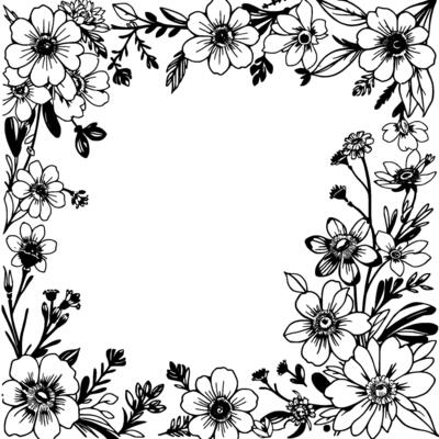 intricate black and white floral frame with varied blooms, leaves, and foliage creating a decorative border.