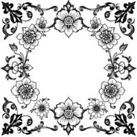 elegant black and white floral border with intricate details and scrollwork, featuring various bloom types and a central empty space. vector