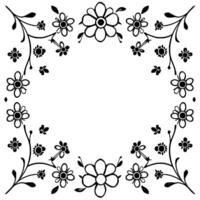 delicate black and white floral frame with simplified flower and leaf motifs, forming a circular border on a white backdrop. vector