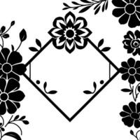 black and white floral featuring a diamondshaped frame, surrounded by stylized flowers and leaves, creating a decorative and elegant composition. vector